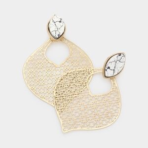 NWT White Howlite Wood Golden Teardrop Filigree Metal Earrings